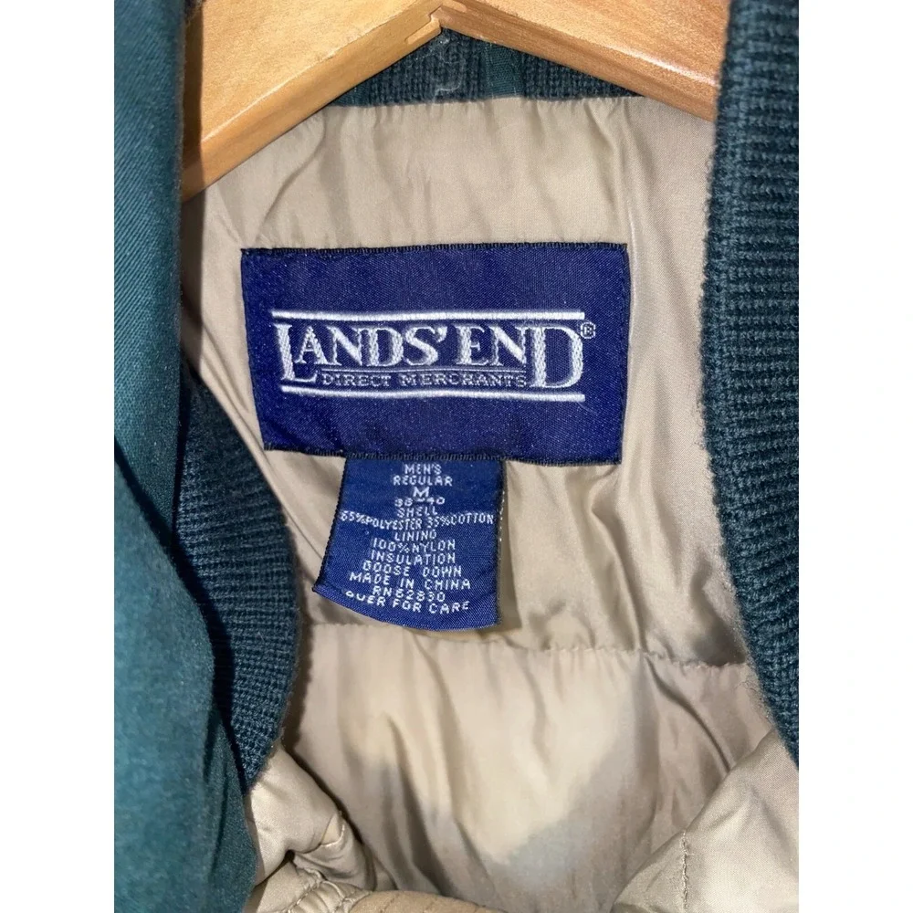 Lands' End Long Jacket Men Medium Green Down Fill Line‎ Snap Front Inside Zip